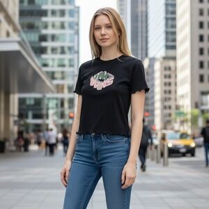 Vans Black Lettuce Hem Cropped Y2K 90s Skater Micro T Shirt Tee‎ Womens XS NWT
